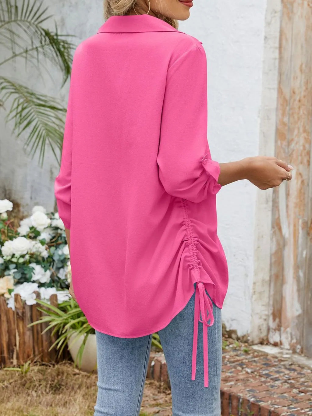 Drawstring Johnny Collared Three-Quarter Sleeve Top