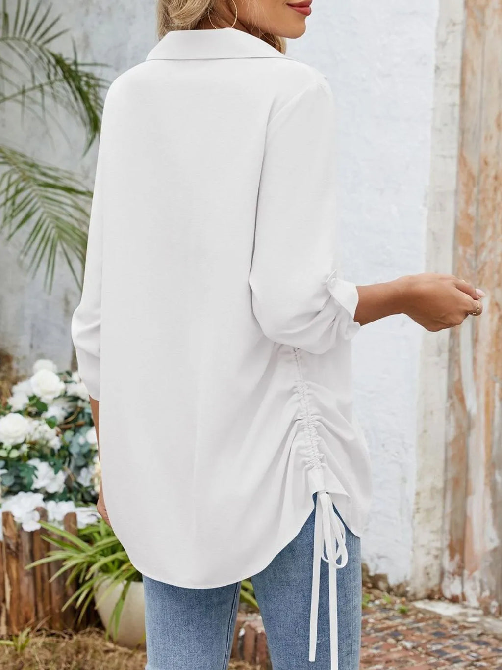 Drawstring Johnny Collared Three-Quarter Sleeve Top