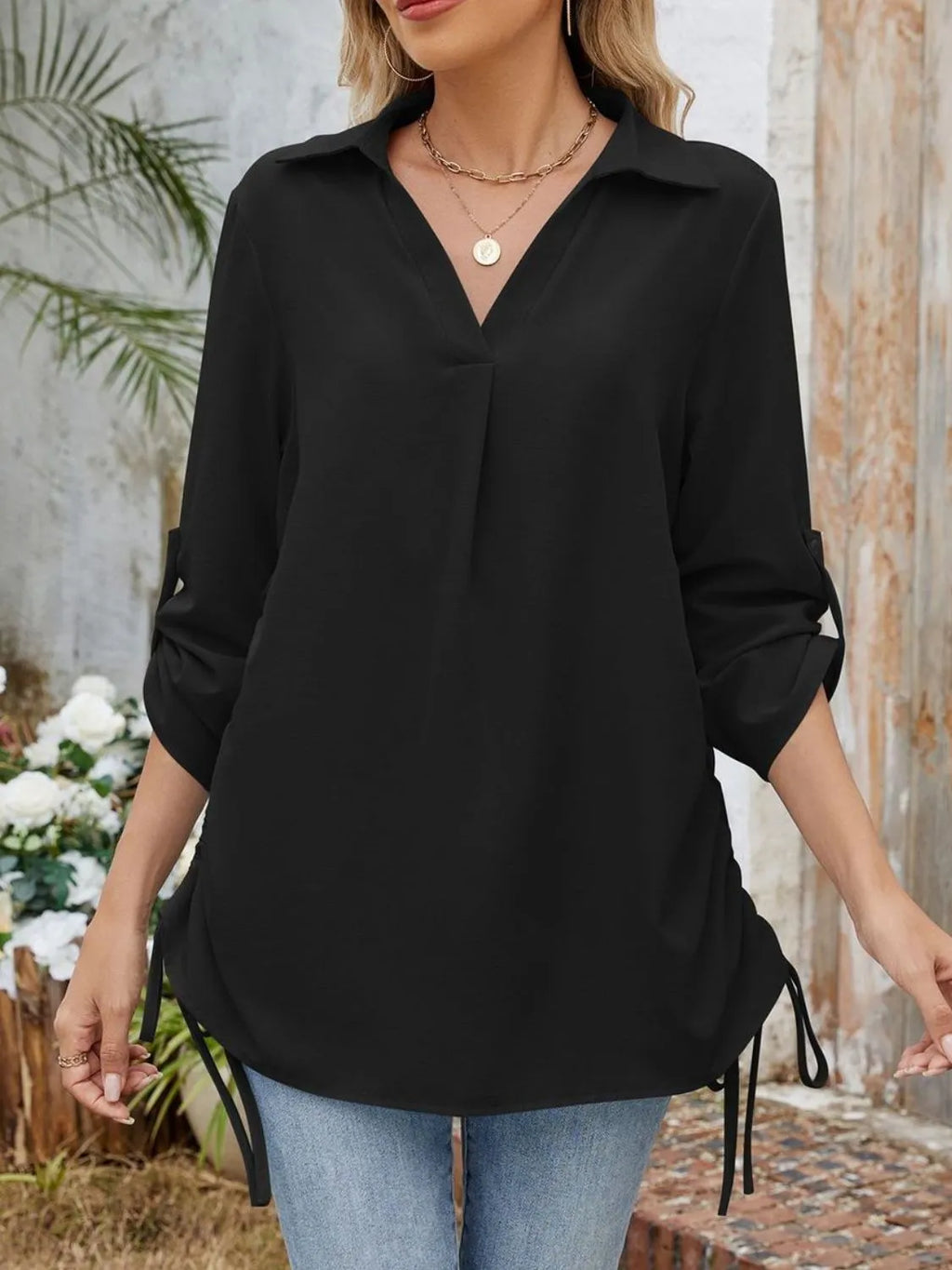Drawstring Johnny Collared Three-Quarter Sleeve Top